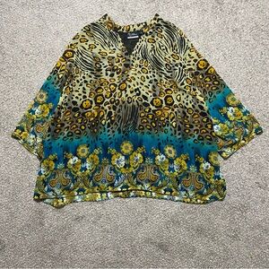 Cathrines Added Dimensions Women’s 5X Teal and Yellow Animal Print V-Neck Blouse